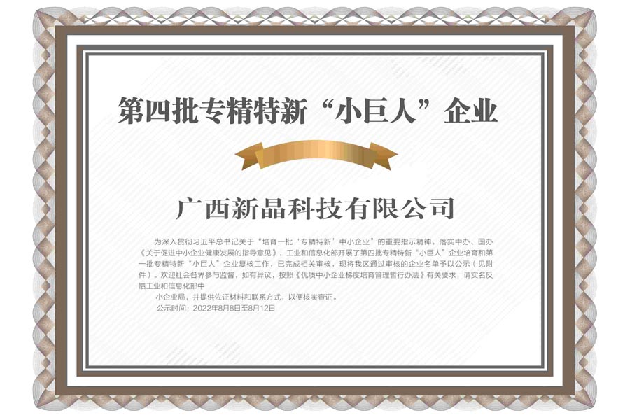新晶公司榮獲國家級專精特新“小巨人”企業稱號